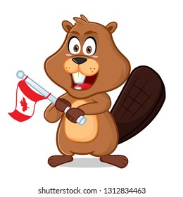 Beaver holding canada flag cartoon illustration, can be download in vector format for unlimited image size.