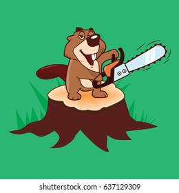 Beaver holding a chainsaw standing on a stump on a green background, illustration