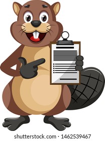 Beaver holding construction notepad, illustration, vector on white background.