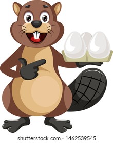 Beaver holding eggs, illustration, vector on white background.