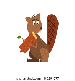 Beaver Holding A Log Flat Cartoon Stylized Vector Illustration