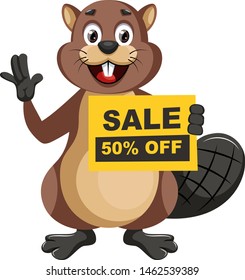 Beaver holding sale sign, illustration, vector on white background.