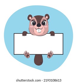 Beaver holding a white banner. Cute hand-drawn vector illustration with blue background. Editable card template.