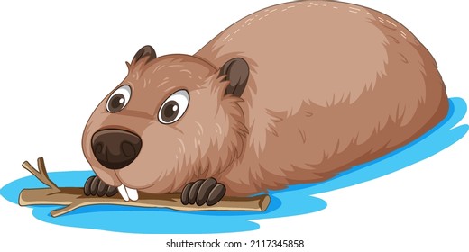 A beaver holding a wood stick in the water illustration