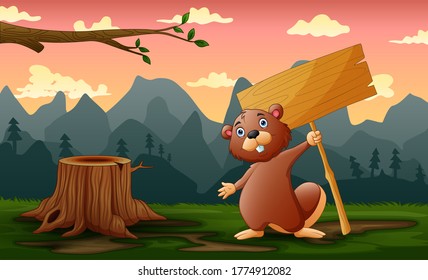 A beaver holding wooden sign in the field