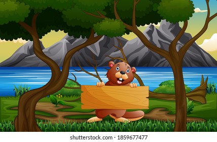 A beaver holding wooden sign under the tree