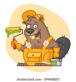 Beaver Holds Roller and Bucket with Paint