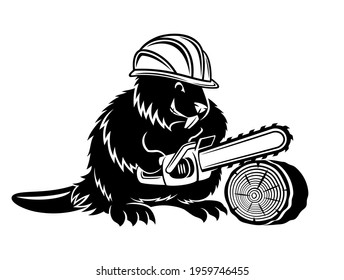 Beaver icon with chainsaw on white background.