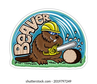 Beaver icon with chainsaw on white background.