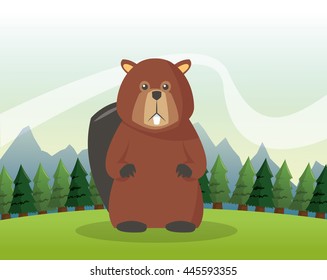 Beaver icon. Landscape background. Vector graphic