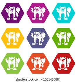 Beaver icons 9 set coloful isolated on white for web