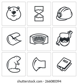 Beaver icons: river beast and his favorite hobby dam dam construction with the help of the teeth. Vector Illustration.