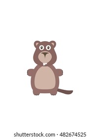 Beaver illustration as a funny character. Wild mammal (rodent) living near water. Small cartoon creature, isolated object in flat design on white background.