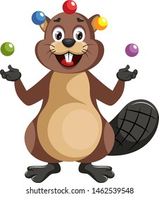 Beaver juggling, illustration, vector on white background.