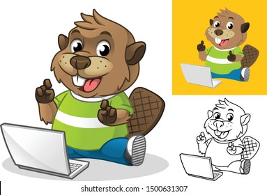 Beaver with Laptop Computer Cartoon Character Mascot Illustration, Including Flat and Line Art Designs, Vector Illustration, in Isolated White Background.