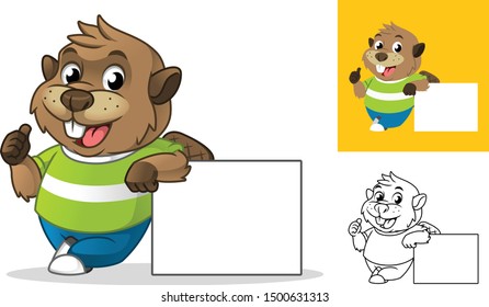 Beaver Leaning Blank Board Cartoon Character Mascot Illustration, Including Flat and Line Art Designs, Vector Illustration, in Isolated White Background.