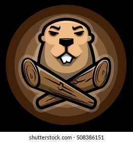 Beaver logo with wood log. Sports mascot