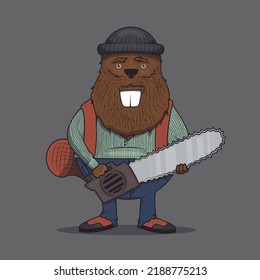 beaver lumberjack vector character. woodcutter. beaver holding chainsaw. lumberjack beaver mascot.