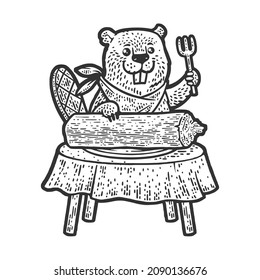 beaver lunch with wood log sketch engraving vector illustration. T-shirt apparel print design. Scratch board imitation. Black and white hand drawn image.