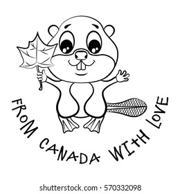 Beaver with a maple leaf in the paw and an inscription From Canada with love. Coloring