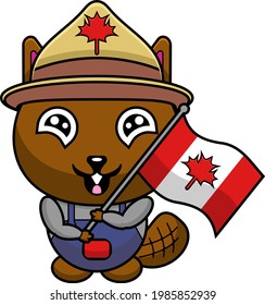beaver mascot cartoon character illustration with canada flag