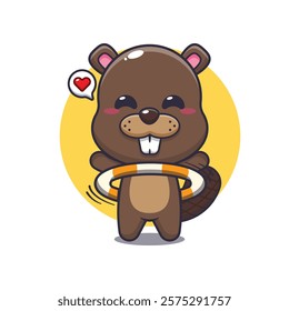 beaver mascot cartoon character vector illustration playing hula hoop.
design element for poster, brochure, web, mascot, sticker, logo and icon.