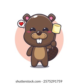 beaver mascot cartoon character vector illustration eating marshmallow.
design element for poster, brochure, web, mascot, sticker, logo and icon.