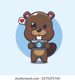 beaver mascot cartoon character vector illustration with camera.
design element for poster, brochure, web, mascot, sticker, logo and icon.