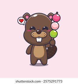 beaver mascot cartoon character vector illustration eating dango. 
design element for poster, brochure, web, mascot, sticker, logo and icon.