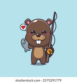 beaver mascot cartoon character vector illustration catching fish with fishing rod.
design element for poster, brochure, web, mascot, sticker, logo and icon.