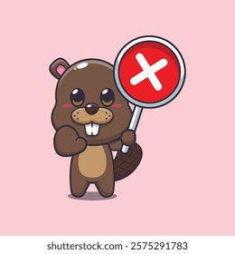 beaver mascot cartoon character vector illustration with wrong sign.
design element for poster, brochure, web, mascot, sticker, logo and icon.