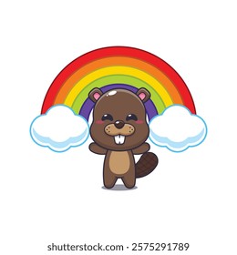 beaver mascot cartoon character vector illustration with rainbow.
design element for poster, brochure, web, mascot, sticker, logo and icon.