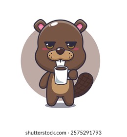 beaver mascot cartoon character vector illustration is tired and sleepy holding coffee. 
design element for poster, brochure, web, mascot, sticker, logo and icon.