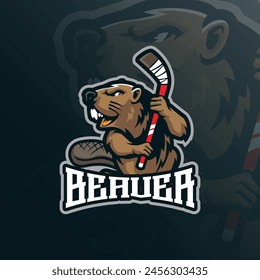 Beaver mascot logo design vector with modern illustration concept style for badge, emblem and t shirt printing. Beaver hockey illustration with stick in hand.