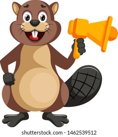 castor con megáfono, ilustración, vector sobre fondo blanco.