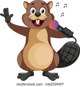 castor con micrófono, ilustración, vector sobre fondo blanco.