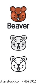 Beaver modern logo or icon. Animal cartoon smiling face, painted, grey and outline. For your business or for kids theme.