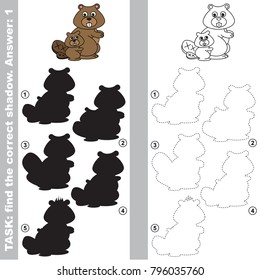 Beaver Mother and her Infant to find the correct shadow, the matching educational kid game to compare and connect objects and their true shadows, simple gaming level for preschool kids.