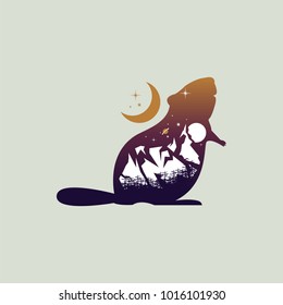 beaver and night mountain landscape double exposure, space view, fantasy  style. Vector illustrations