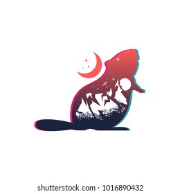 beaver and night mountain landscape, double exposure, space view, glitch art, fantasy  style. Vector illustrations
