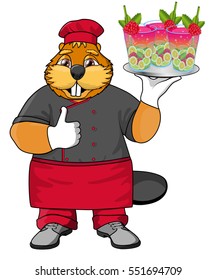 Beaver offers delicious fruit drinks. Beaver in a red apron and red cap is holding three glasses of fruit drinks.