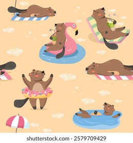 Beaver on the beach, beavers are relaxing, sea, beach, all inclusive, beaver sunbathing, swimming