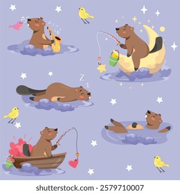 beaver on clouds, in the sky, sleep, dreams, catching a star, stars, good night, harmony, silence, saxophone, beavers, gentle background, purple