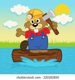 beaver on log - vector  illustration, eps 