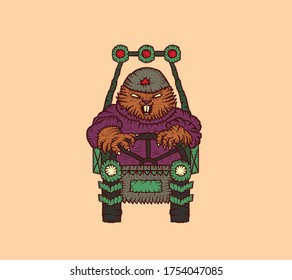 Beaver on an SUV. Logo for a car repair shop. Cartoon vector illustration