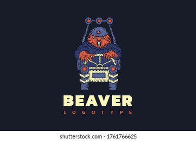 Beaver on an SUV. Mechanic. Logo for a car service. Vector illustration 