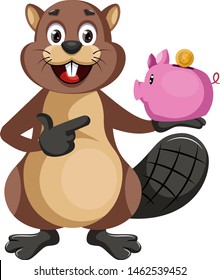 Beaver with piggy bank, illustration, vector on white background.