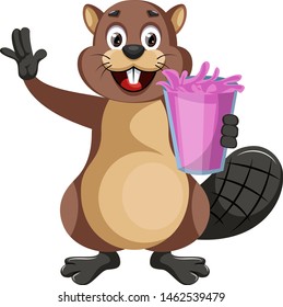 Beaver with pink jucie, illustration, vector on white background.