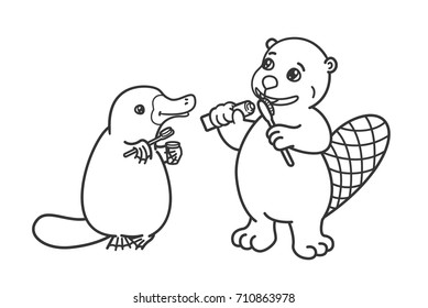 The beaver and the platypus are brushing their teeth. Coloring, illustration for activity book. Illustration of oral hygiene.