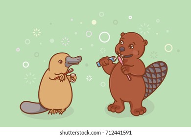 The beaver and the platypus are brushing their teeth. Coloring, illustration for activity book. Illustration of oral hygiene.